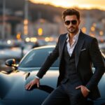 GMK et la fortune des influenceurs : guide pratique pour l’estimer Influenceur automobile en costume près d’une voiture de luxe, ambiance glamour de Monaco, éclairage doré et style photo éditoriale.