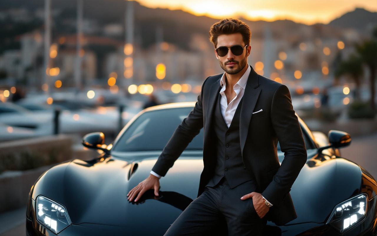 Influenceur automobile en costume près d’une voiture de luxe, ambiance glamour de Monaco, éclairage doré et style photo éditoriale.
