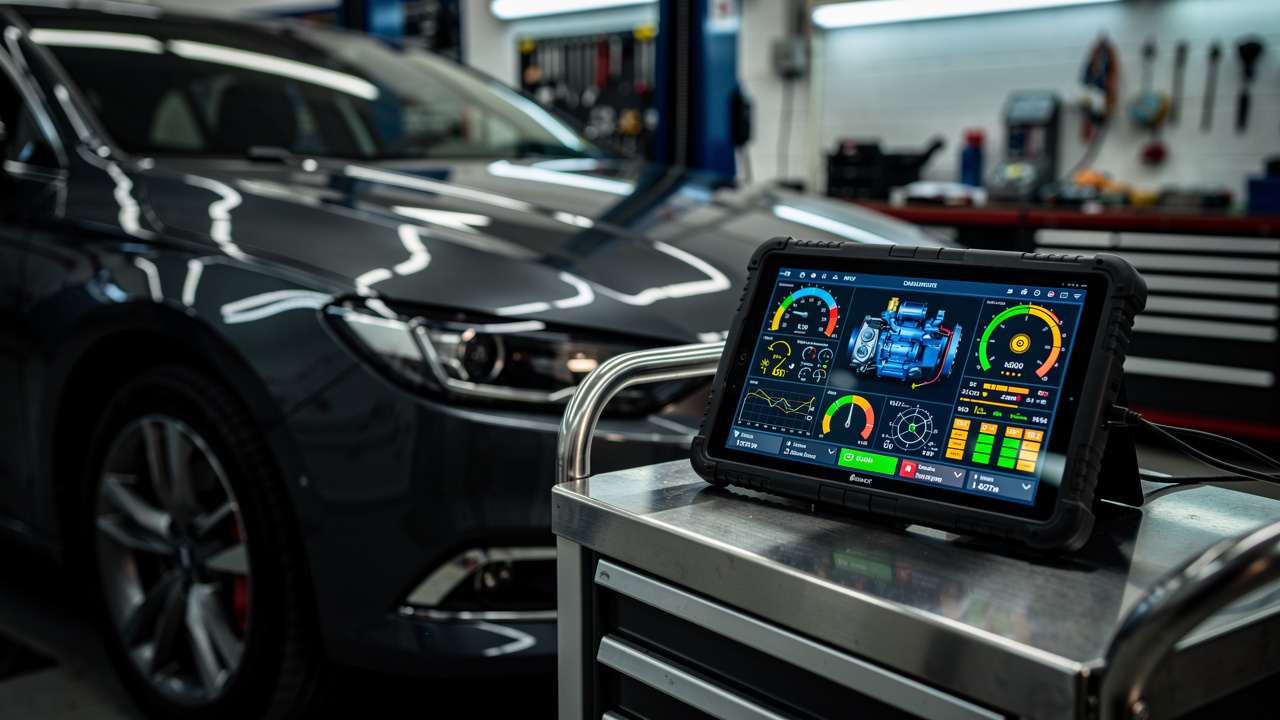 Écran de logiciel de diagnostic auto affichant des indicateurs et données en temps réel à côté d’un véhicule en maintenance dans un atelier.