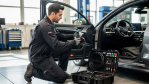Technicien automobile utilisant une valise de diagnostic professionnelle pour contrôler une voiture récente dans un atelier moderne.