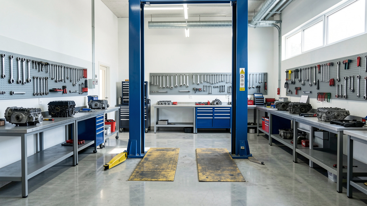 Atelier automobile moderne et lumineux avec un pont élévateur, des outils rangés sur les murs et des établis propres et bien organisés.