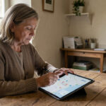 Comment s’organiser face à la désertification médicale en France ? Une femme d’âge mûr consulte une carte vierge de professionnels de santé sur une tablette, dans un intérieur sobre d’une commune rurale française.