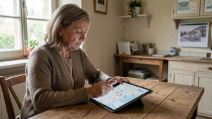 Une femme d’âge mûr consulte une carte vierge de professionnels de santé sur une tablette, dans un intérieur sobre d’une commune rurale française.