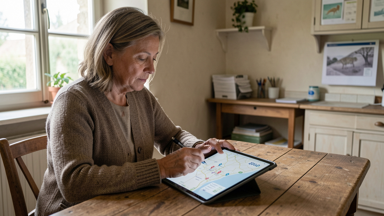 Une femme d’âge mûr consulte une carte vierge de professionnels de santé sur une tablette, dans un intérieur sobre d’une commune rurale française.