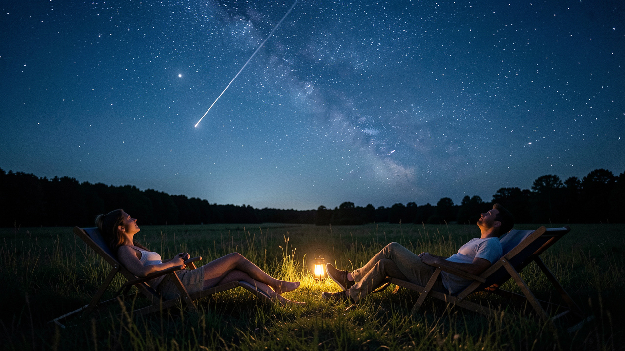 Deux femmes et deux hommes allongés sur des chaises longues dans un champ sombre observent une pluie d’étoiles filantes sous un ciel nocturne dégagé.