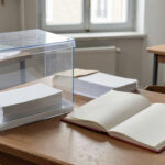 Quels types de référendums choisir en France selon leur portée juridique ? Illustration sobre d’un bureau de vote français avec une urne transparente, des bulletins vierges pliés et un volume constitutionnel ouvert aux pages blanches.