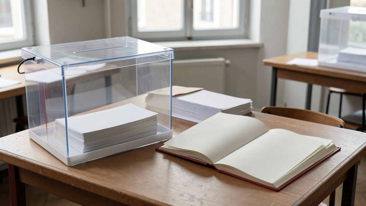 Illustration sobre d’un bureau de vote français avec une urne transparente, des bulletins vierges pliés et un volume constitutionnel ouvert aux pages blanches.