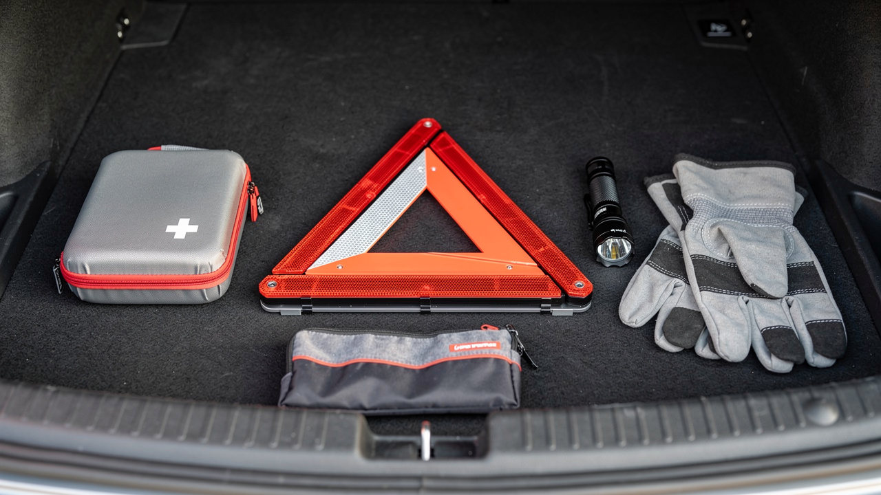 Coffre de voiture ouvert et soigneusement organisé avec un triangle réfléchissant plié, une trousse de secours, une lampe torche, des gants et un kit anticrevaison.