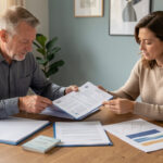 Un homme et une femme assis à une table comparent plusieurs documents financiers vierges dans un bureau moderne.