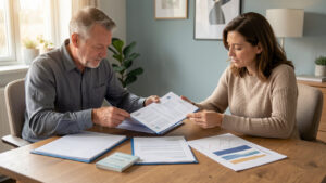 Un homme et une femme assis à une table comparent plusieurs documents financiers vierges dans un bureau moderne.