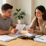 Comment comparer un crédit immobilier pour un premier achat sans dépasser son budget ? Un homme et une femme primo-accédants comparent des documents financiers vierges avec une calculatrice autour d’une table lumineuse.