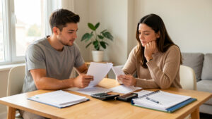 Un homme et une femme primo-accédants comparent des documents financiers vierges avec une calculatrice autour d’une table lumineuse.