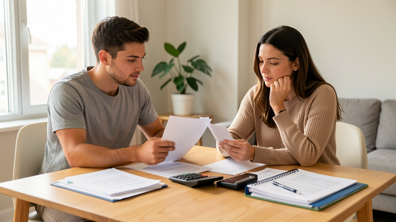 Un homme et une femme primo-accédants comparent des documents financiers vierges avec une calculatrice autour d’une table lumineuse.