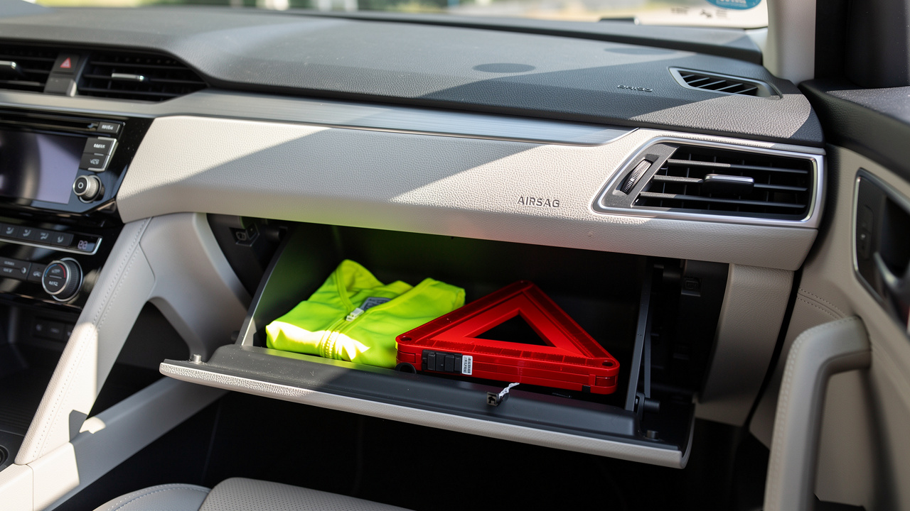 Habitacle moderne d’une voiture avec un gilet fluorescent rangé dans la boîte à gants ouverte et un triangle de présignalisation dans son étui, éclairé par une lumière naturelle.