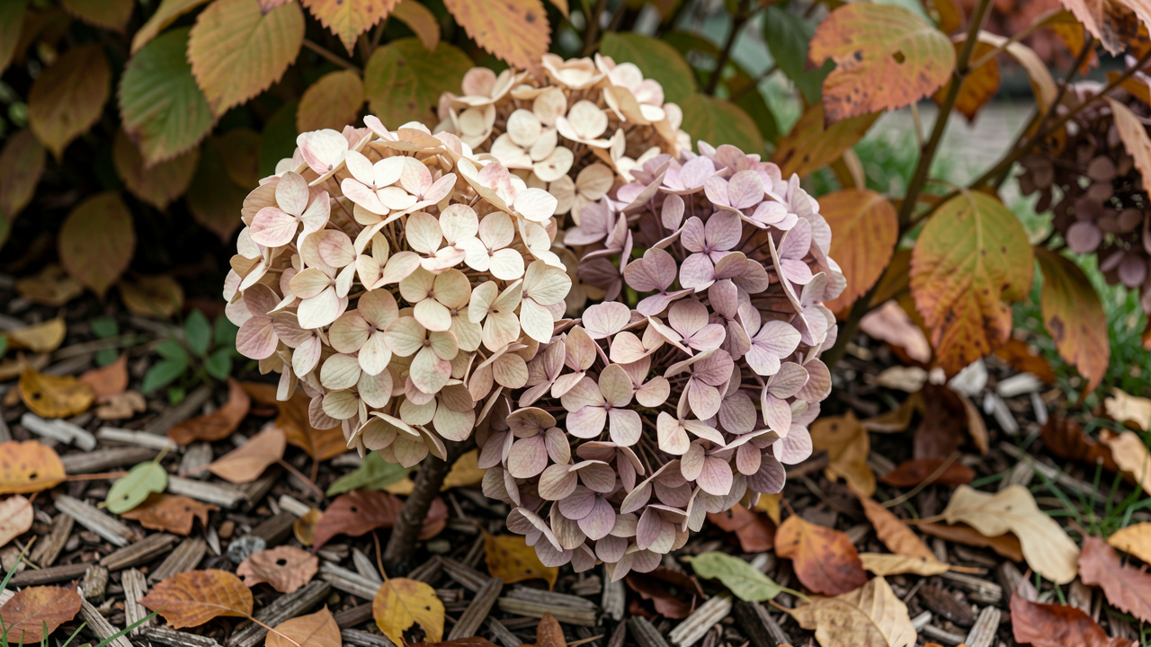 Grand hortensia aux fleurs séchées dans un jardin d’automne, entouré de feuilles mortes servant de paillage et éclairé par une lumière douce.