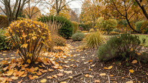 Jardin d’automne réaliste avec des feuilles mortes dorées autour d’arbustes et de plantes vivaces, sur un sol recouvert de paillage naturel, baigné d’une lumière douce.