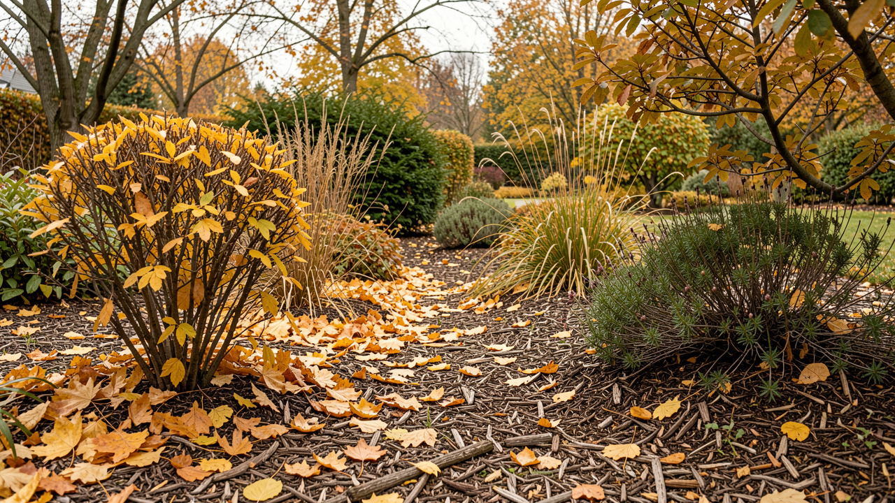 Jardin d’automne réaliste avec des feuilles mortes dorées autour d’arbustes et de plantes vivaces, sur un sol recouvert de paillage naturel, baigné d’une lumière douce.
