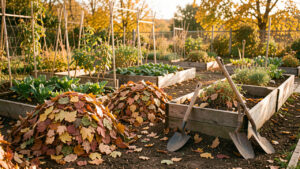 Jardin familial en automne avec un potager, des feuilles rassemblées, des outils en bois et une douce lumière de fin de journée.