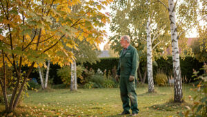 Un homme jardinier observe les branches d’un grand érable et d’un bouleau aux feuilles légèrement jaunissantes dans un jardin familial en septembre.