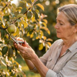 Quels arbres fruitiers choisir pour une taille de septembre réussie ? Une femme taille délicatement un poirier portant quelques fruits dans un jardin familial baigné par une douce lumière de fin d’été.