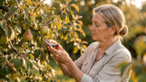 Une femme taille délicatement un poirier portant quelques fruits dans un jardin familial baigné par une douce lumière de fin d’été.