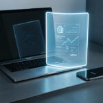 Ordinateur portable et smartphone placés sur un bureau moderne à côté d’un bouclier numérique lumineux symbolisant la protection des données.