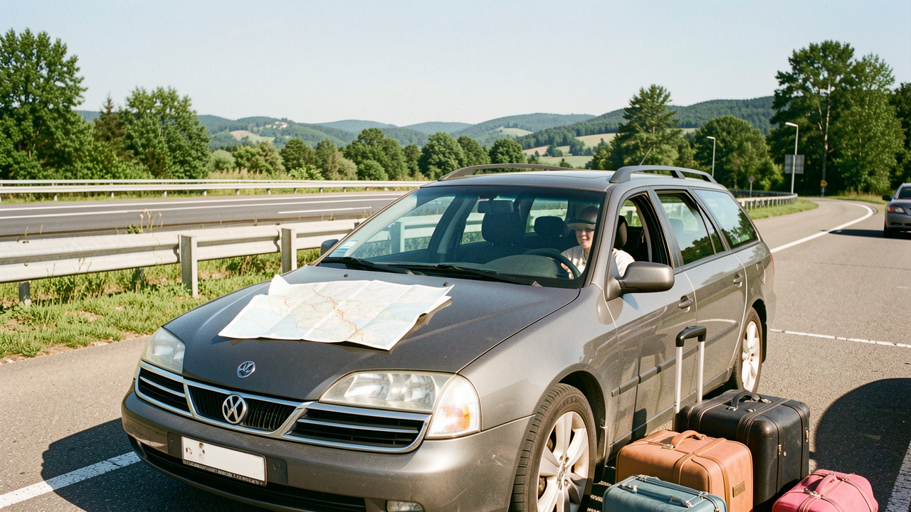 Voiture familiale chargée de bagages sur une aire d’autoroute ensoleillée, avec une carte routière posée sur le capot et un paysage estival lumineux en arrière-plan.
