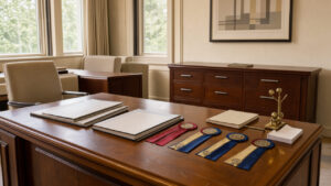 Bureau administratif élégant avec dossiers officiels sans inscriptions, rubans de décorations et lumière naturelle entrant par de grandes fenêtres.