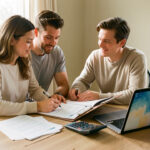 Un couple prépare un dossier de crédit immobilier sur une table lumineuse, avec des relevés bancaires, une calculatrice et un ordinateur portable.