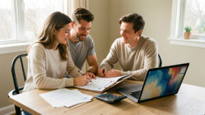 Un couple prépare un dossier de crédit immobilier sur une table lumineuse, avec des relevés bancaires, une calculatrice et un ordinateur portable.