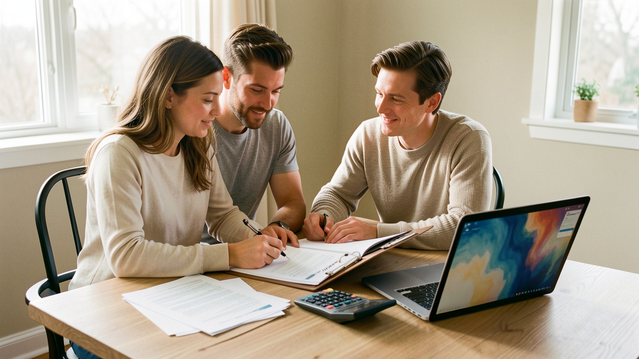 Un couple prépare un dossier de crédit immobilier sur une table lumineuse, avec des relevés bancaires, une calculatrice et un ordinateur portable.