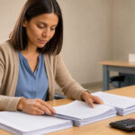 Employée de comptabilité examinant des documents financiers organisés sur un bureau clair dans un bureau moderne.