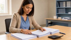 Employée de comptabilité examinant des documents financiers organisés sur un bureau clair dans un bureau moderne.