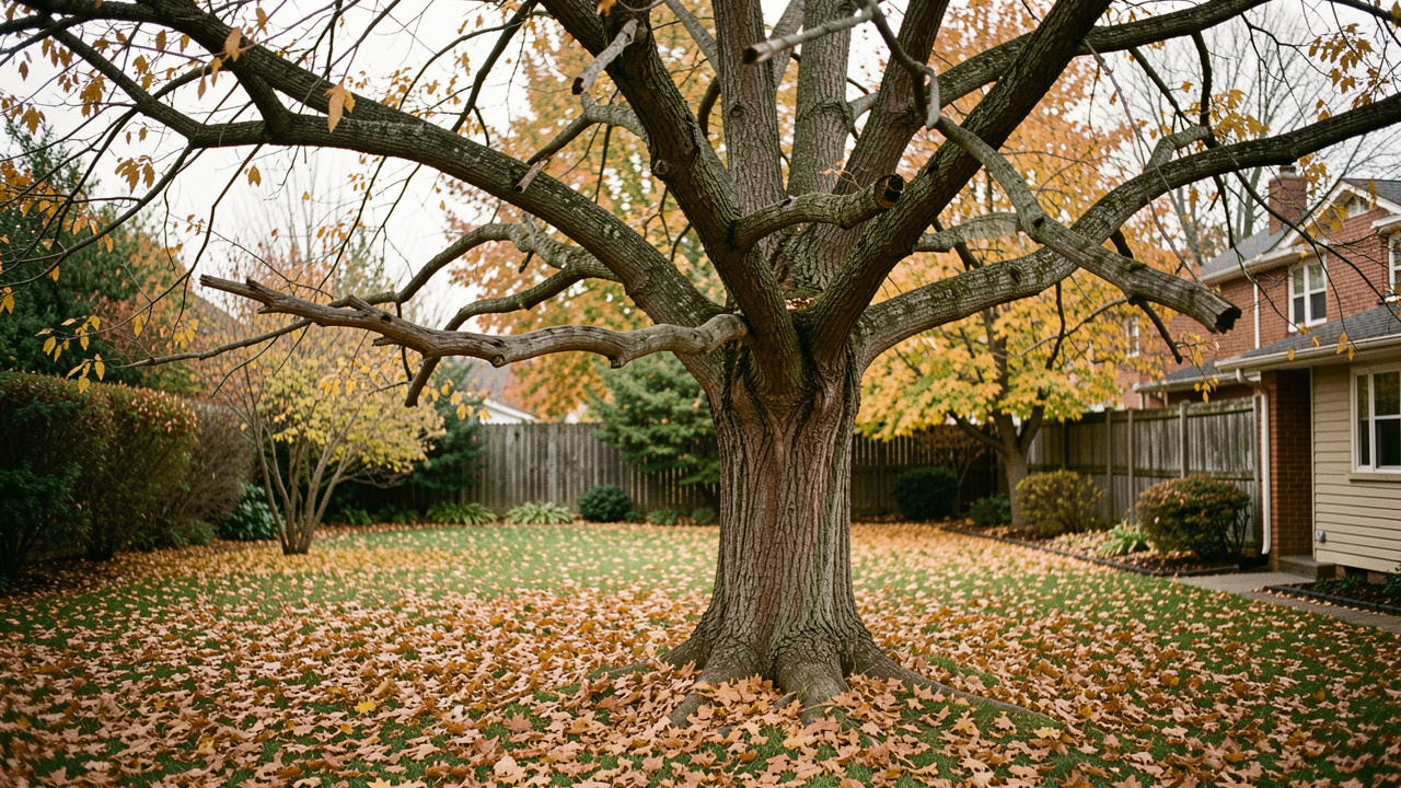 Jardin familial en automne avec un arbre mature aux branches fragiles repérées et des feuilles dorées au sol, baigné d’une lumière naturelle douce.