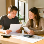 Quels financements choisir avec le PTZ parentalité des jeunes parents en 2027 ? Jeunes parents assis à une table lumineuse, consultant des documents de prêt immobilier, une calculatrice et des plans de maison.