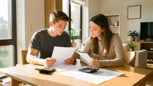 Jeunes parents assis à une table lumineuse, consultant des documents de prêt immobilier, une calculatrice et des plans de maison.