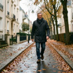 Un homme prudent marche sur un trottoir résidentiel français couvert de feuilles mortes humides en automne.