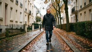 Un homme prudent marche sur un trottoir résidentiel français couvert de feuilles mortes humides en automne.