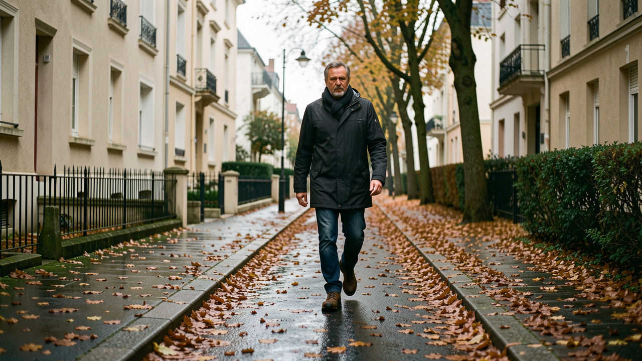 Un homme prudent marche sur un trottoir résidentiel français couvert de feuilles mortes humides en automne.